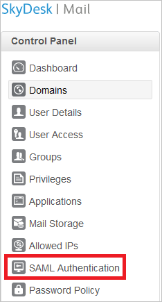 Screenshot shows SAML Authentication selected from Control Panel.
