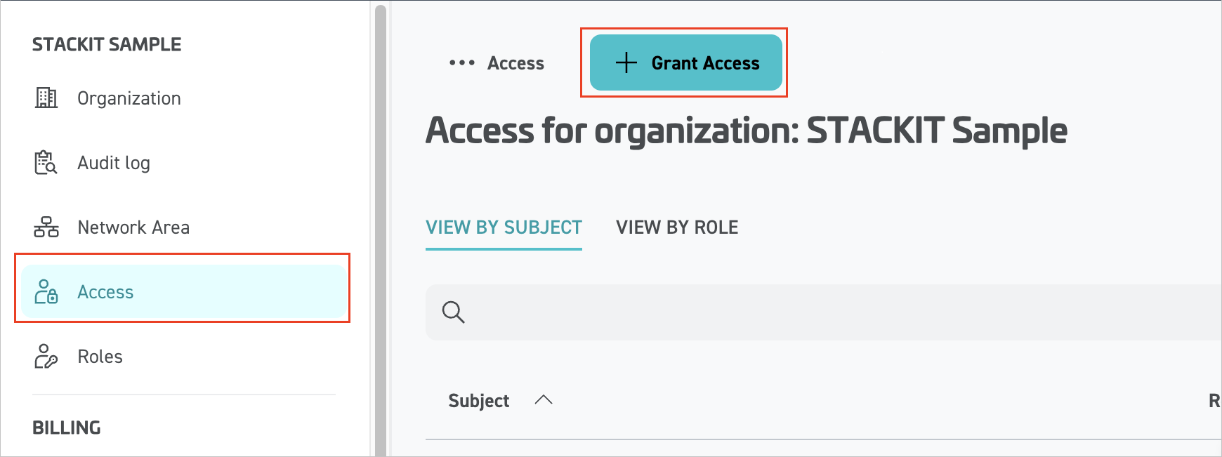Screenshot of the Grant Access button on the Organization page in STACKIT Cloud.