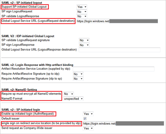Screenshot shows the SAML v2 S P initiated logout pane where you can where you can enter the values described.