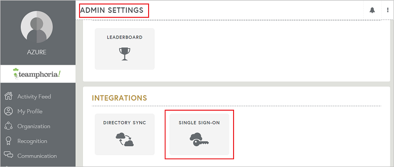 Screenshot shows ADMIN SETTINGS where you can select SINGLE SIGN-ON.