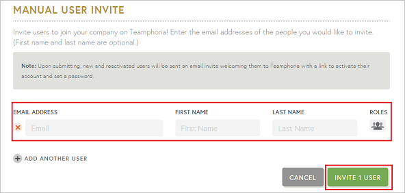 Screenshot shows the MANUAL USER INVITE page where you can enter name and email address.