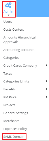 Screenshot shows SAML Domain selected from the Admin menu.