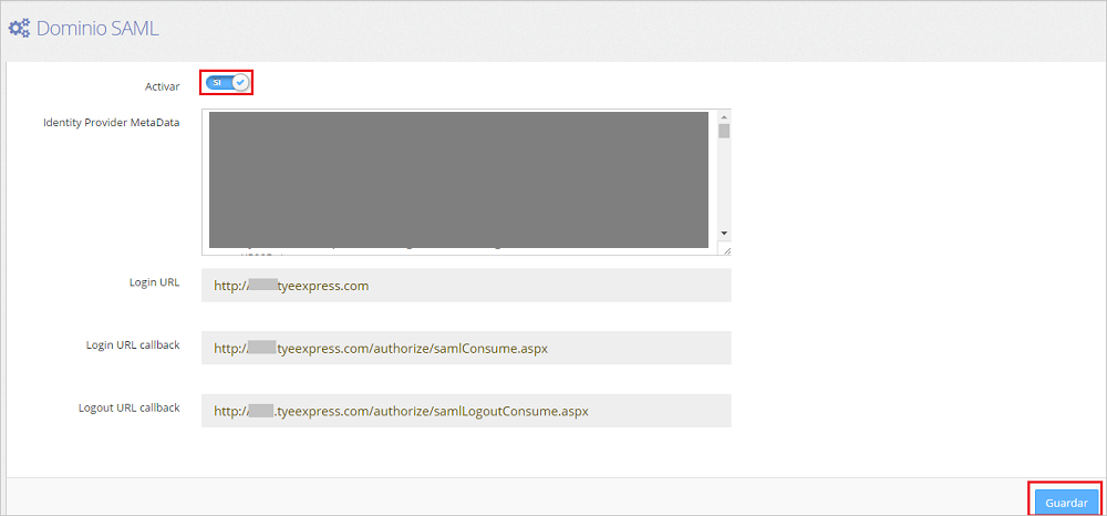 Screenshot shows the Dominio SAML page where you can enter the metadata.