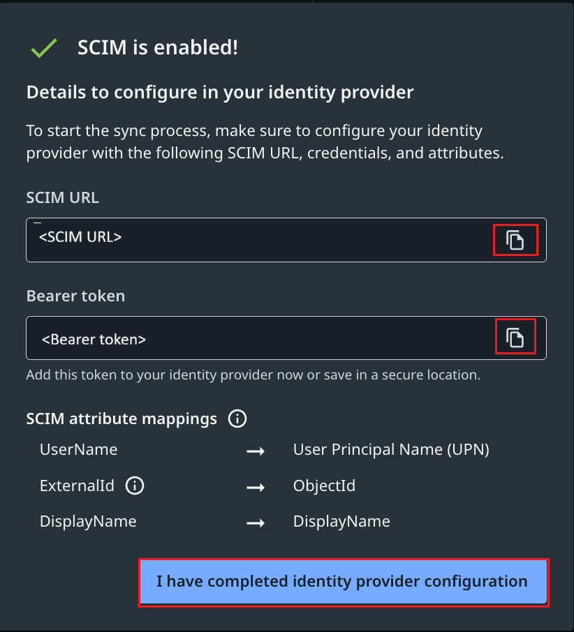 Screenshot shows the SCIM enabled confirmation with Bearer token details and attribute mappings.