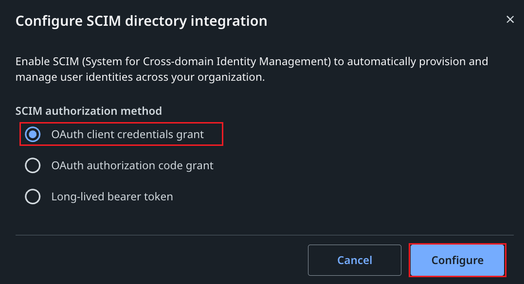 Screenshot shows the Configure SCIM directory integration dialog with authorization method options.