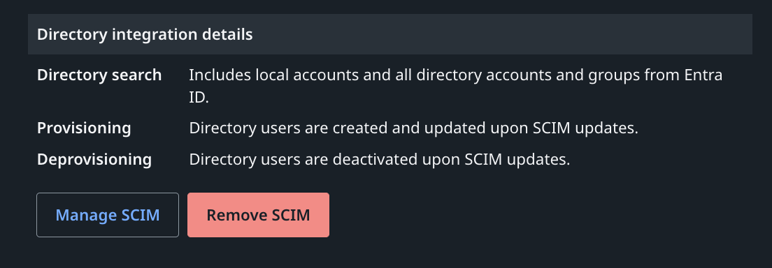 Screenshot shows the Directory integration details after SCIM is configured, with Manage SCIM and Remove SCIM buttons.