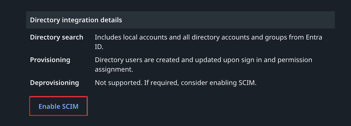 Screenshot shows the Directory integration details section with the Enable SCIM button.