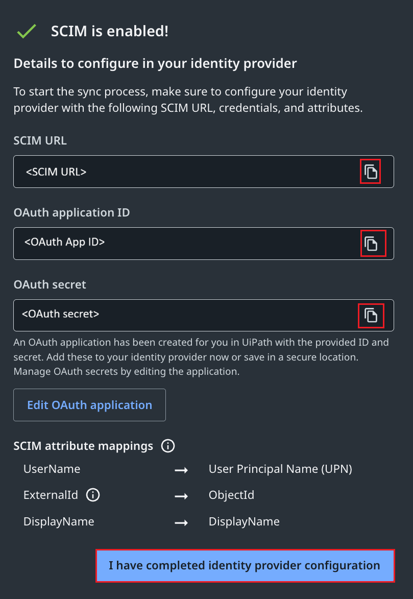 Screenshot shows the SCIM enabled confirmation with OAuth client credentials details and attribute mappings.