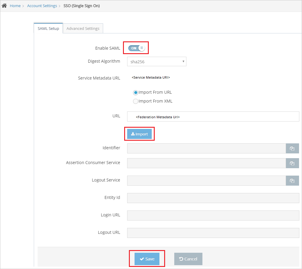 Screenshot shows the SAML Setup tab where you can enable SAML.