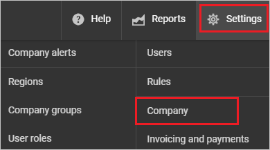 Screenshot shows Company selected from Settings.