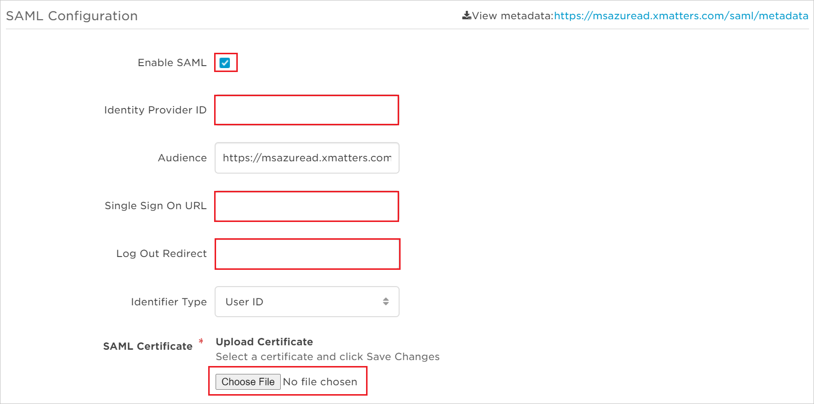 SAML configuration section