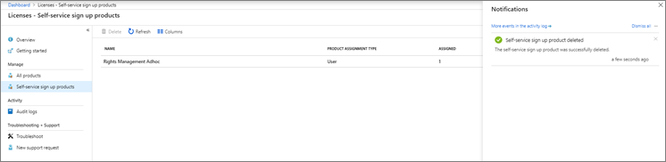 Screenshot that shows the list of self-service sign-up products and a pane that confirms the deletion of a self-service sign-up product.