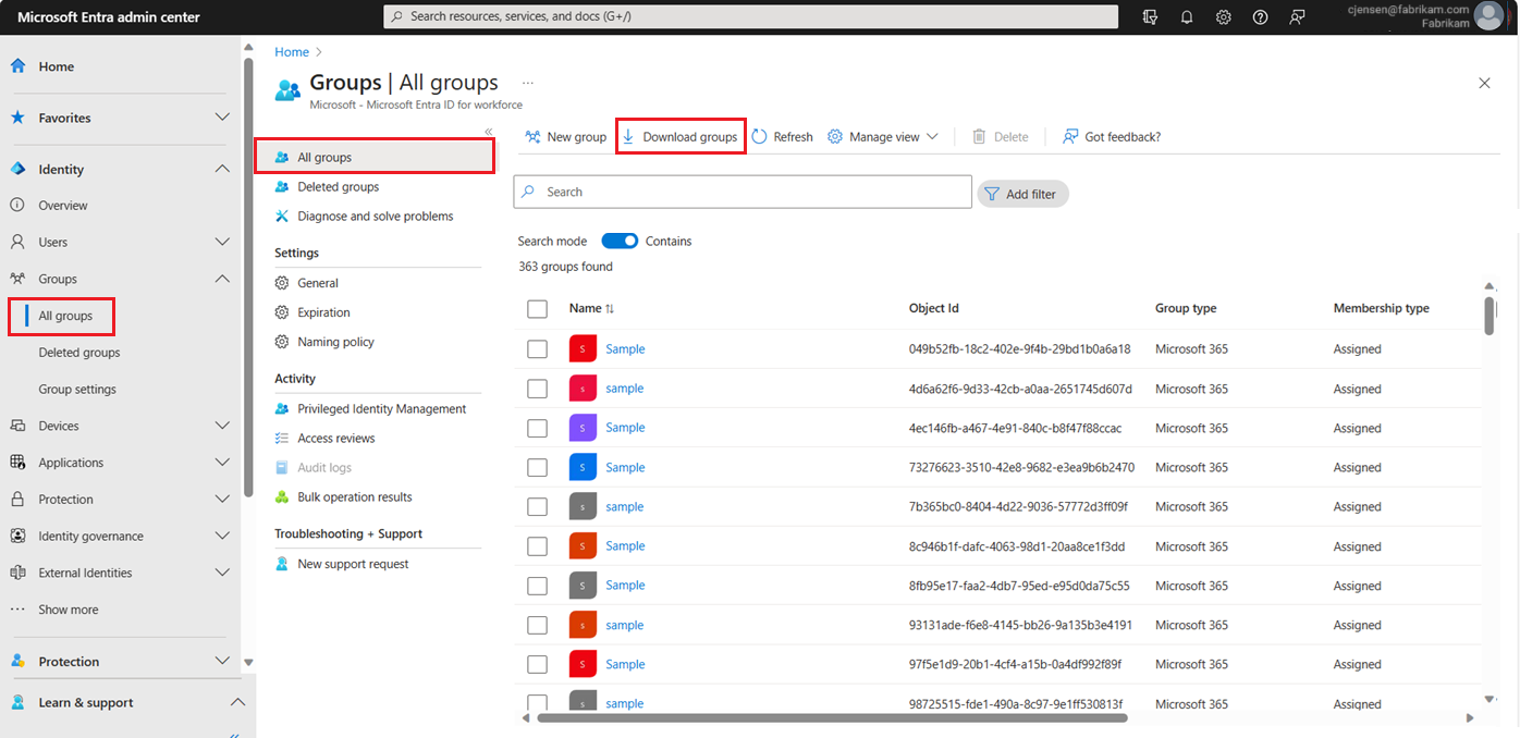 Screenshot of the All groups page with Download groups selected.