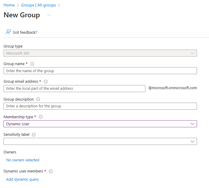 Screenshot of Group page where user enters the dynamic group details.