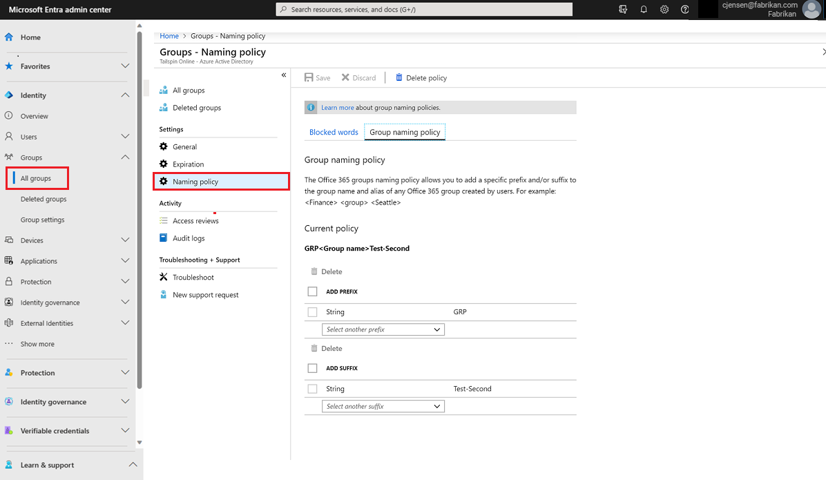 Enforce a group naming policy in Microsoft Entra ID - Microsoft Entra ID |  Microsoft Learn