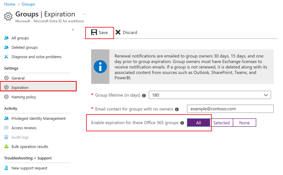 Screenshot of the Expiration settings page for group.