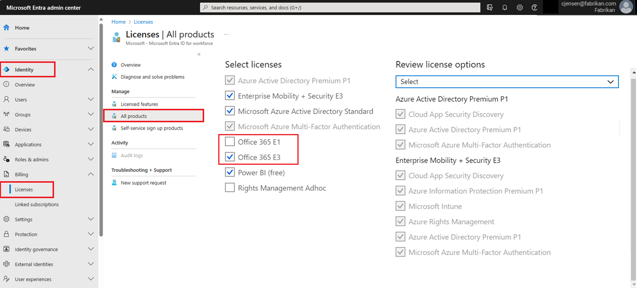 Screenshot of the license assignments page for a user showing Office 365 E1 cleared and Office 365 E3 selected.