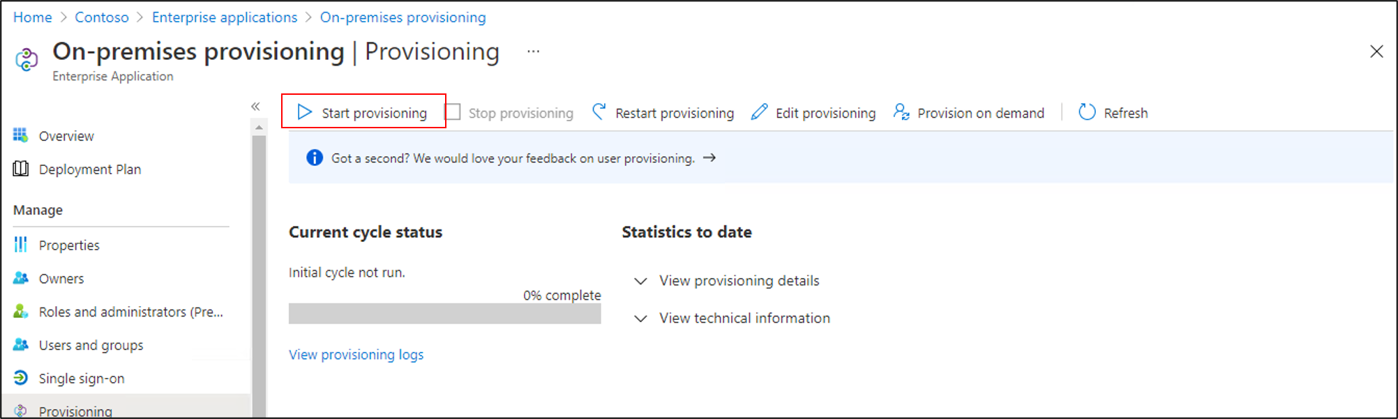 Screenshot that shows Start provisioning.