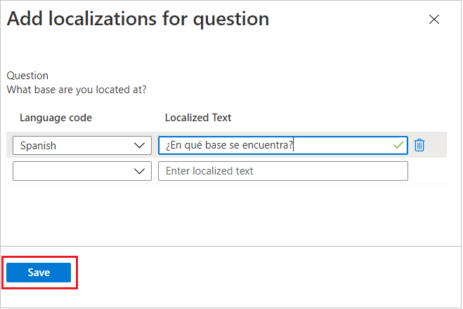Screenshot that shows localization selections for a question.
