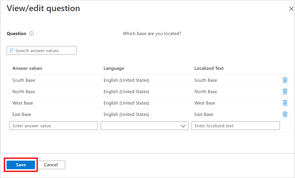 Screenshot that shows options for editing and localizing multiple-choice answers.