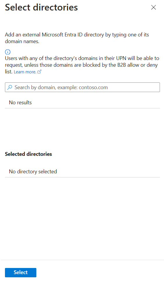 Screenshot that shows the search box for selecting a directory for requests to an access package.
