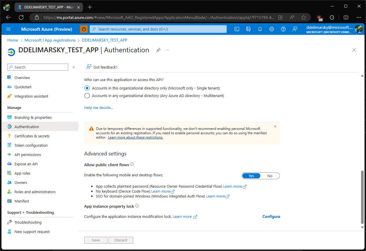Screenshot of the Azure Portal in Microsoft Edge, showing the ROPC flow flag