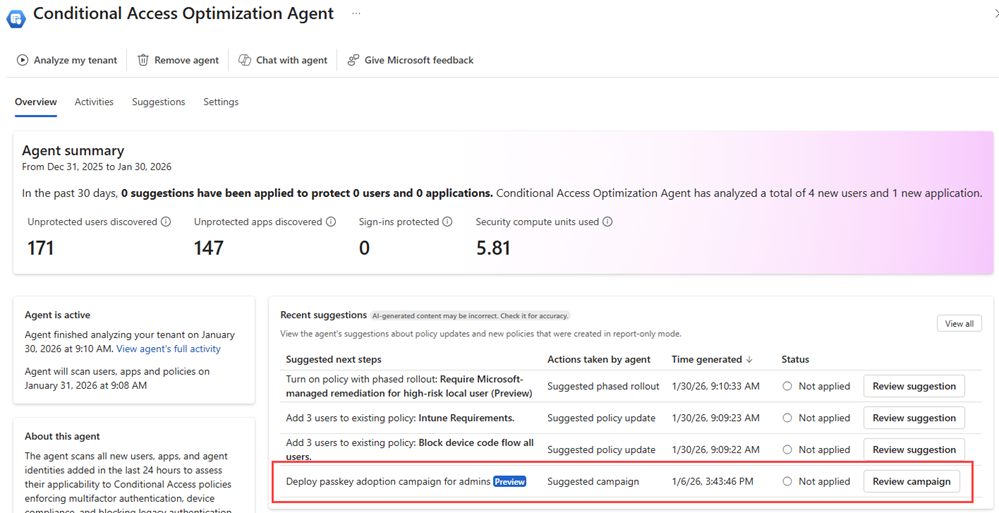 Screenshot of the agent suggestions with a passkey campaign result highlighted.