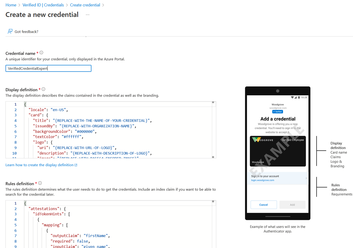 Screenshot of the Create a new credential page, displaying JSON samples for the display and rules files.