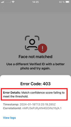 Screenshot of low confidence score in Face Check.