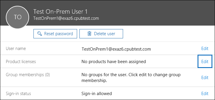 Click Edit in the details pane to assign a license to the selected user.