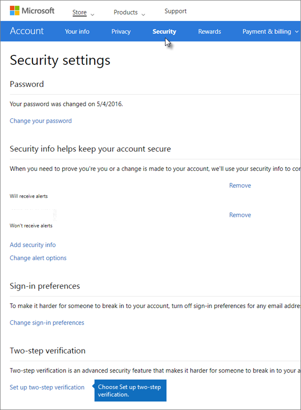 On the Security settings page, choose Set up two-step verification.
