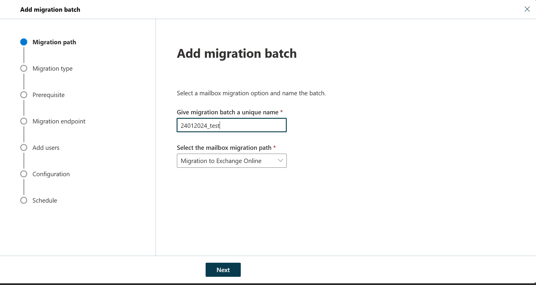 Screenshot of migration wizard that shows the Add migration batch page where the user can specify a unique batch name and select mailbox migration path.