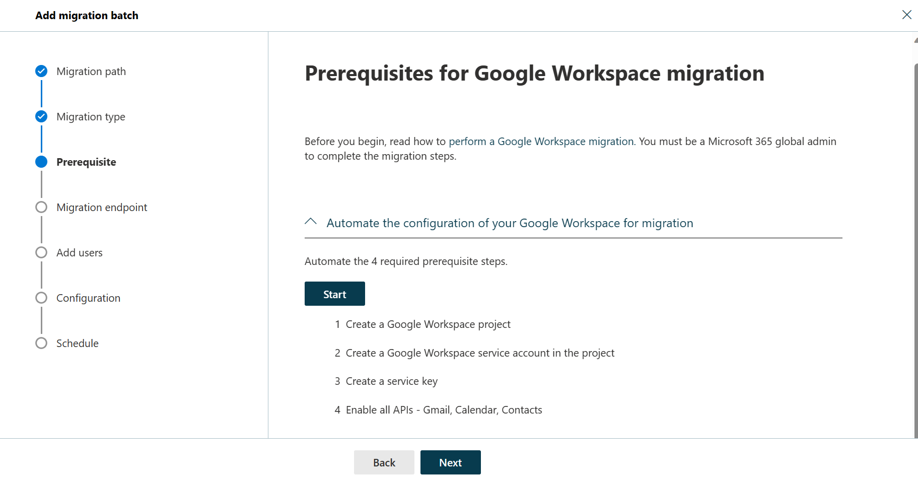 Screenshot of the Prerequisites for Google Workspace Migration dialog showing a list of configuration steps and the start button that will automate the process.