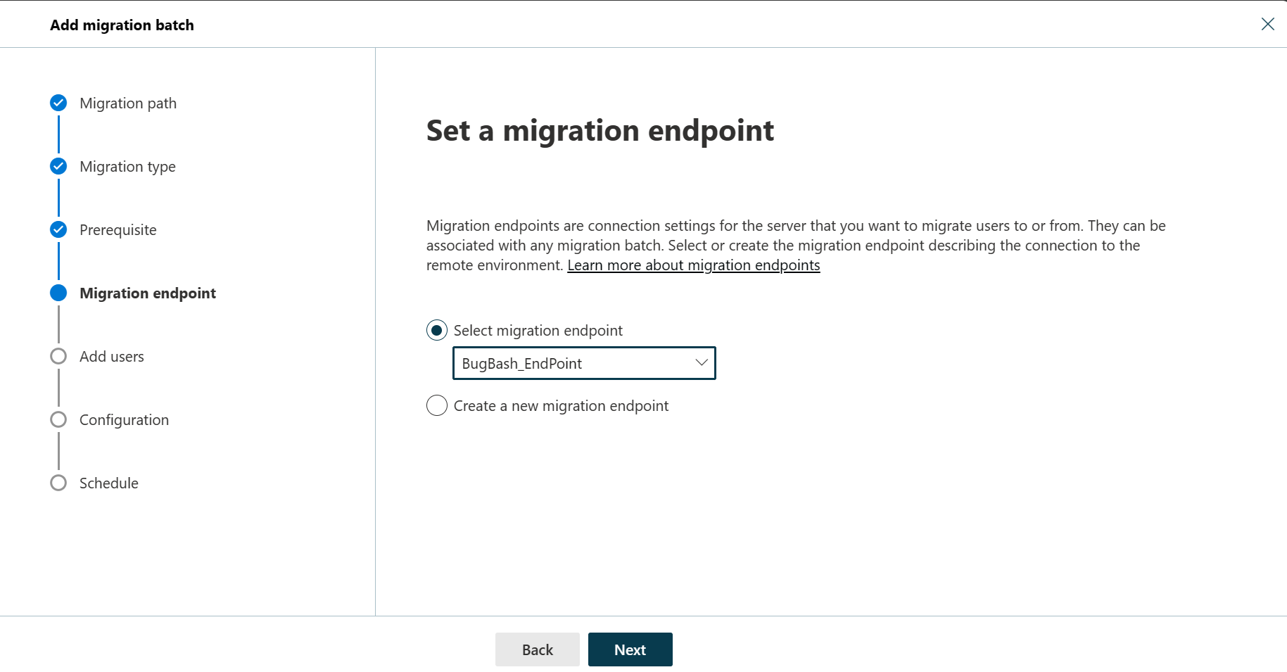 Screenshot of Set migration end point dialog where the user can select the migration endpoint or create a new migration endpoint, with the select migration endpoint option selected.
