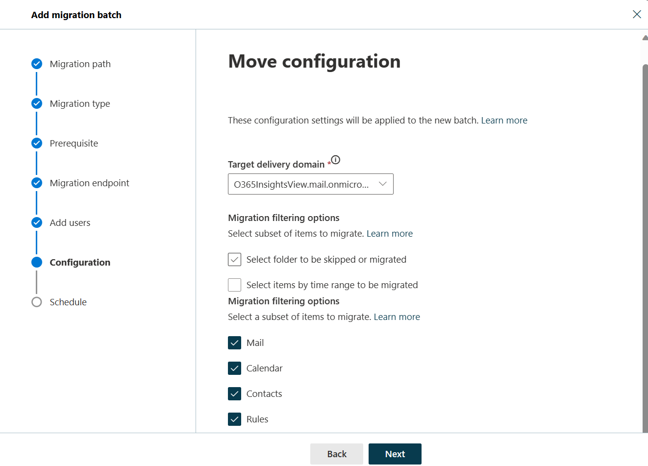 Screenshot of Move configuration dialog where the user can select the target delivery domain. The dialog also shows the Migration filtering options with Mail, Calendar, Contacts, and Rules folders all checked.
