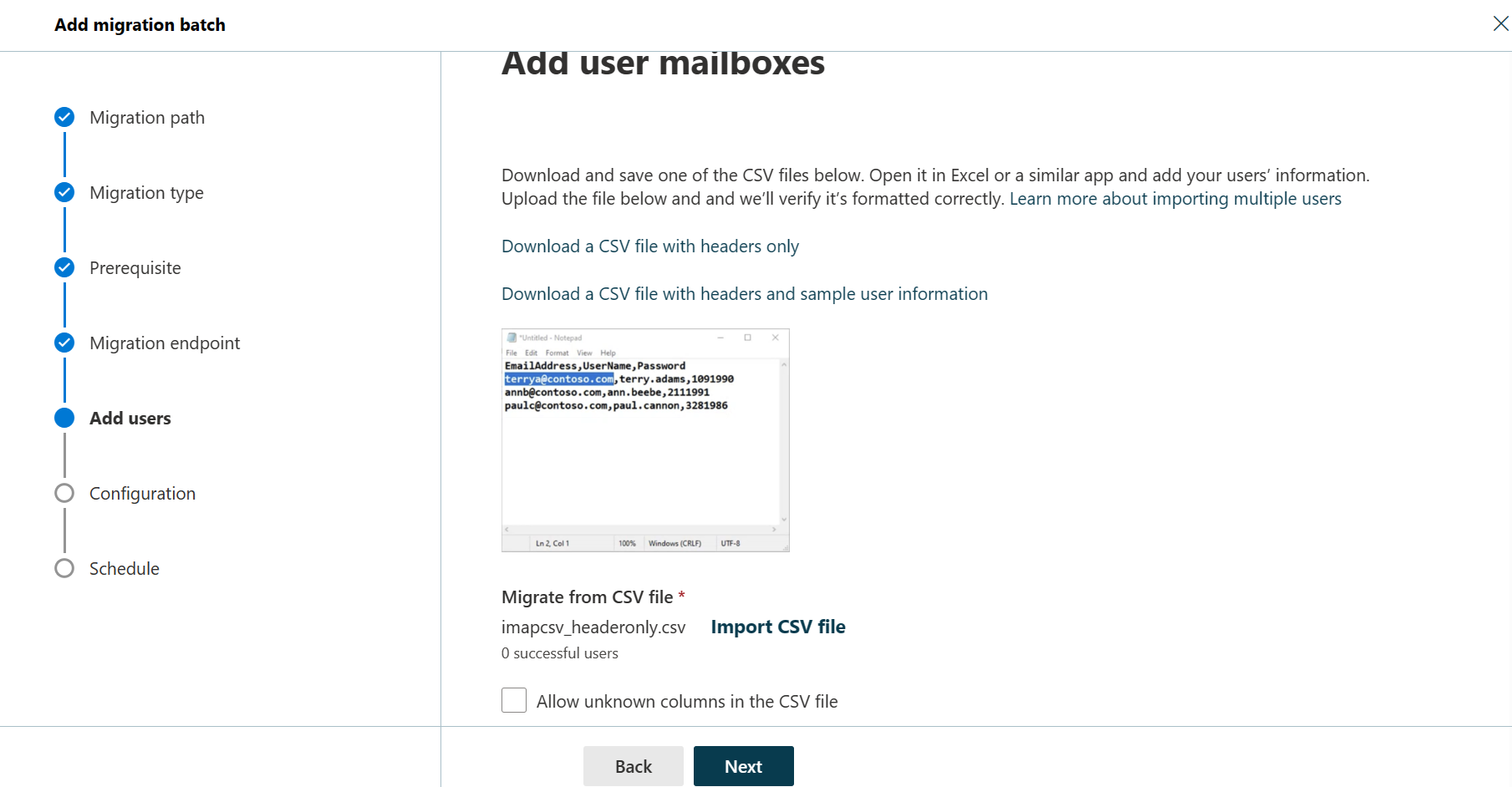 Screenshot of the fifth step of the Add migration batch wizard where the user can add user mailboxes.
