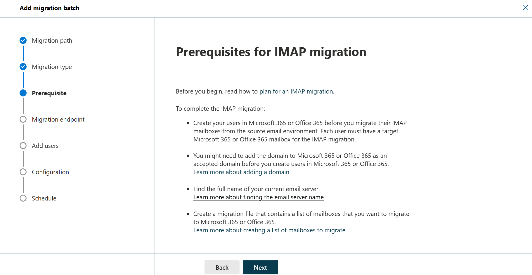 Screenshot of the third step of migration batch wizard listing the prerequisites for an IMAP migration.