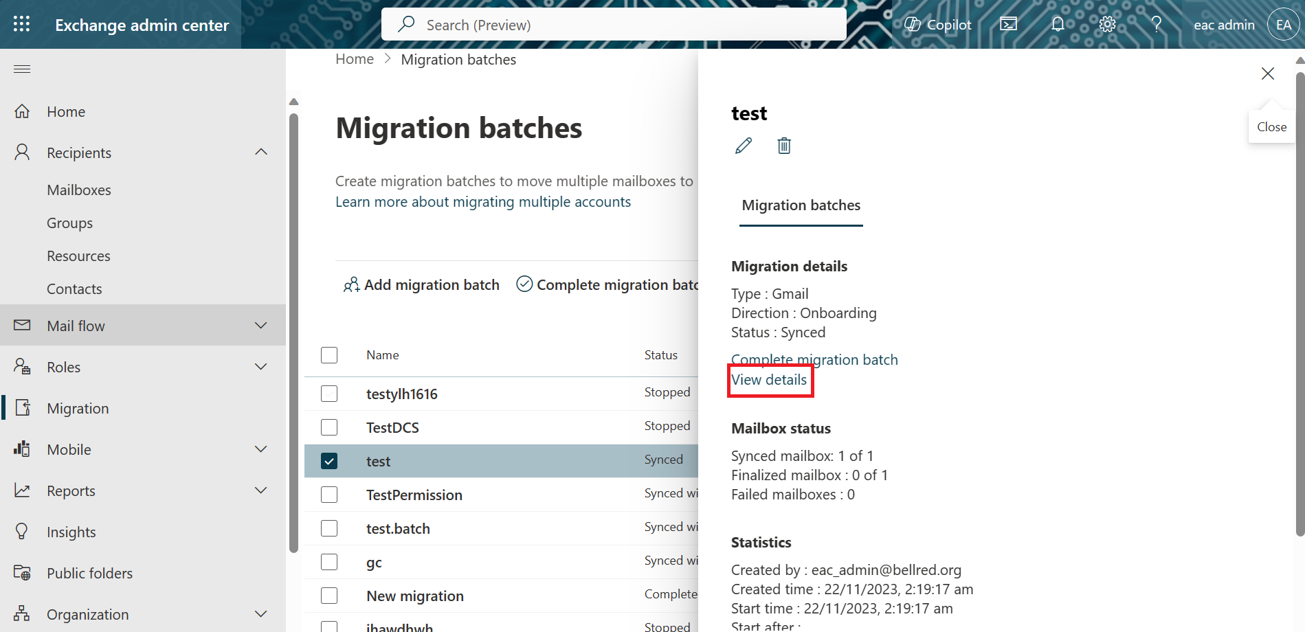 Screenshot of EAC showing the details pane for a specific migration batch, with the View Details link highlighted.