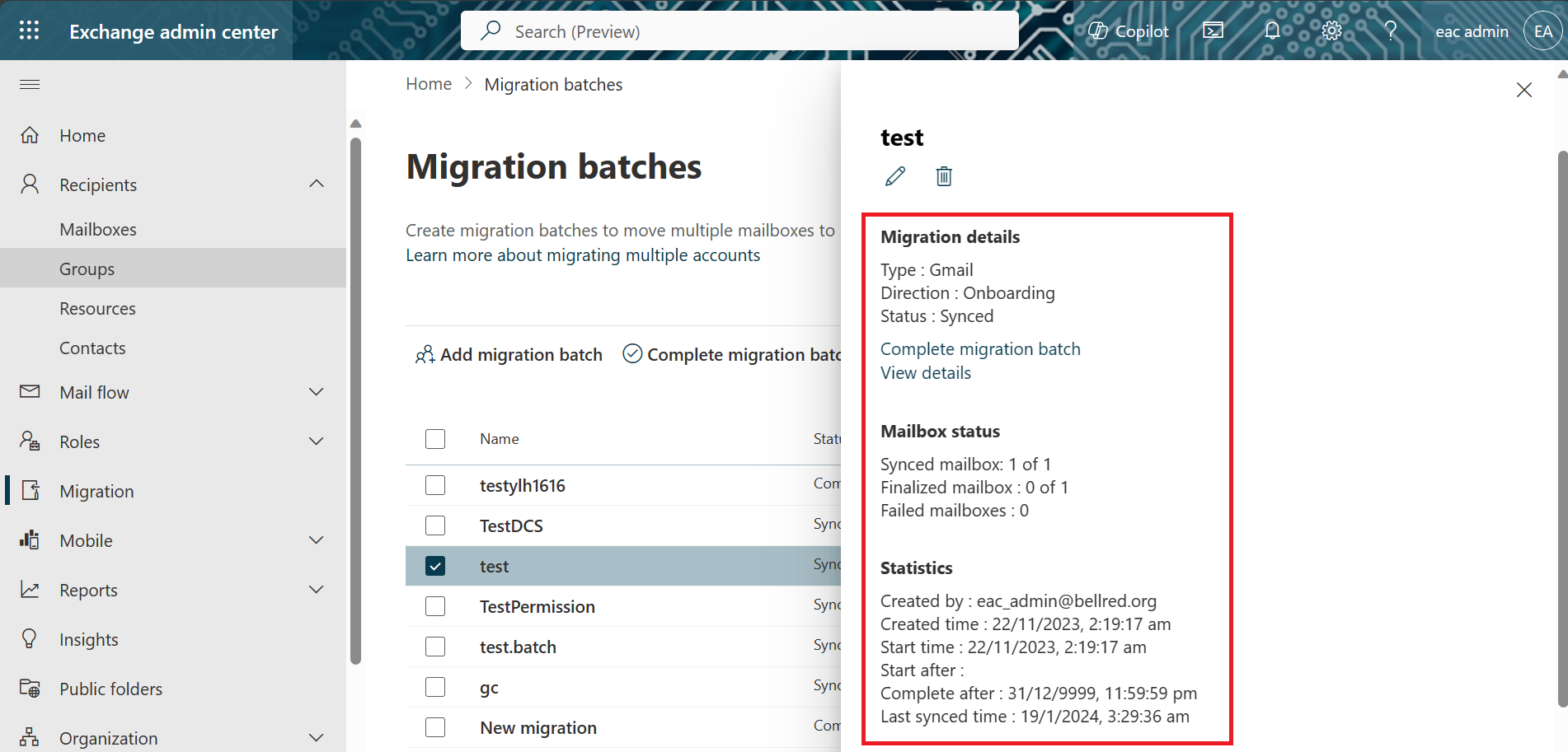 Screenshot of the Migration batches page on EAC with a batch selected and the property pane open that shows the migration details.