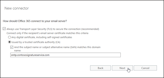 In the new connector wizard, use TLS and identify the certificate domain name for connections to Exchange Online.