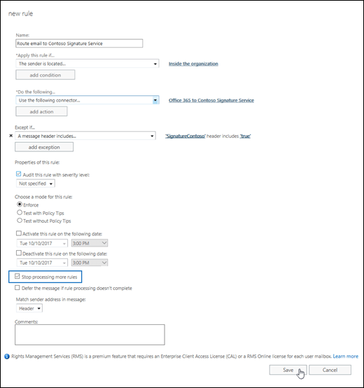 On the new rule page, configure the settings to route messages to the email add-on service.
