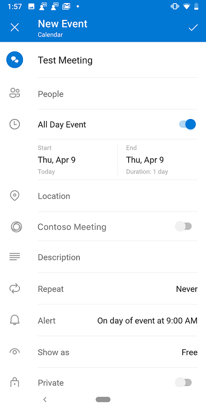 creating a meeting with a third-party add-in on Outlook for Android.