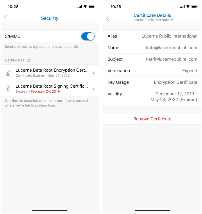 Screenshot showing the Outlook for iOS certificate details screen.