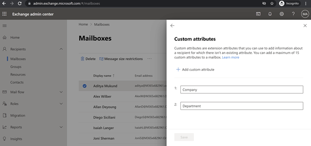 customer attributes in mailboxes editing panel