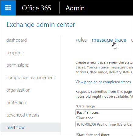 Screenshot of the Exchange admin center showing that message trace is selected from the mail flow navigation menu.