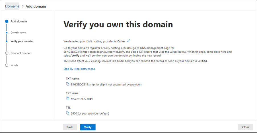 The TXT proof of domain ownership record for the custom certificate domain.