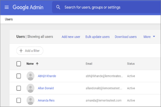 List of users in the Google admin center.
