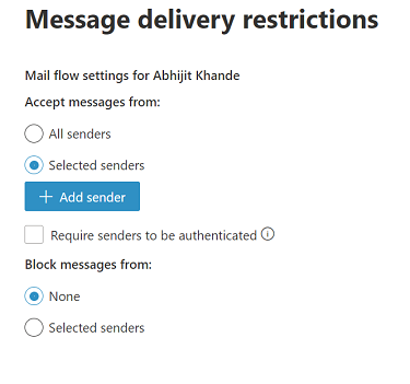 The Message delivery restrictions screen on which specific people are configured as senders.