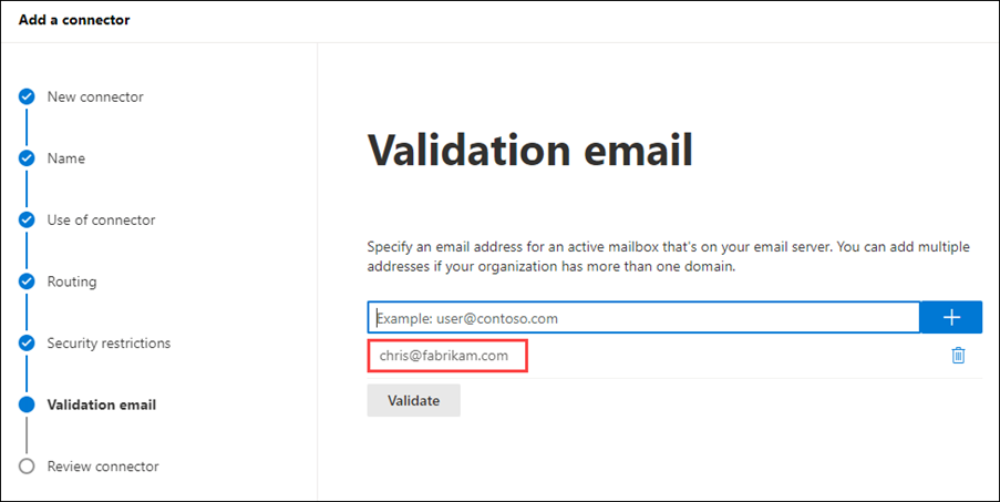 The Validation email screen.