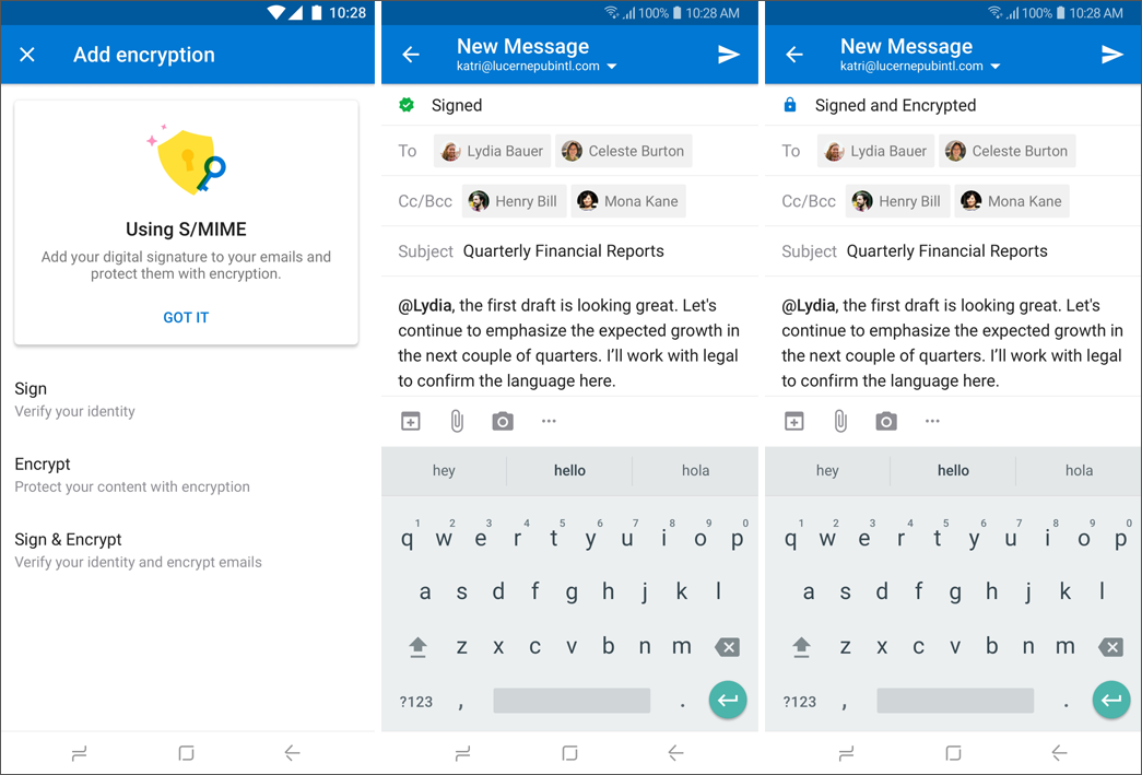Screenshots of Outlook for Android S/MIME options.